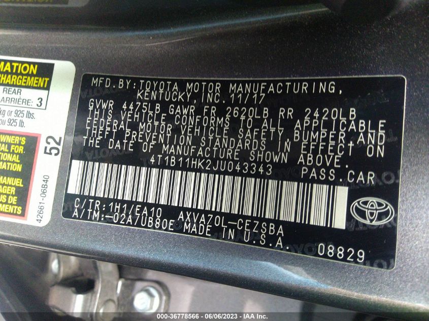 2018 TOYOTA CAMRY LE/SE/XLE/L - 4T1B11HK2JU043343