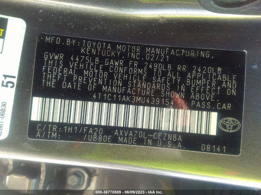 2021 TOYOTA CAMRY LE - 4T1C11AK3MU439154