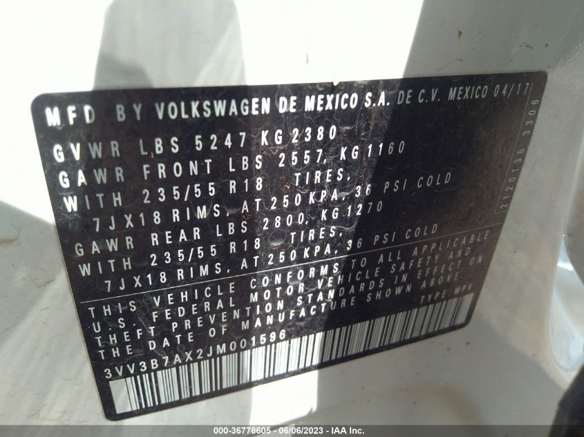 2018 VOLKSWAGEN TIGUAN SEL/SE - 3VV3B7AX2JM001596