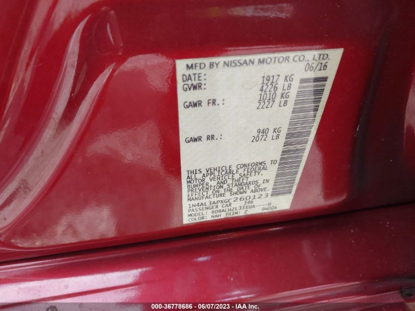 2016 NISSAN ALTIMA 2.5/S/SV/SL/SR - 1N4AL3APXGC260123