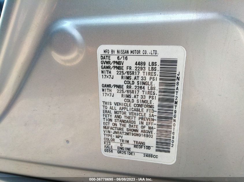 2016 NISSAN ROGUE S/SL/SV - JN8AT2MT9GW016902