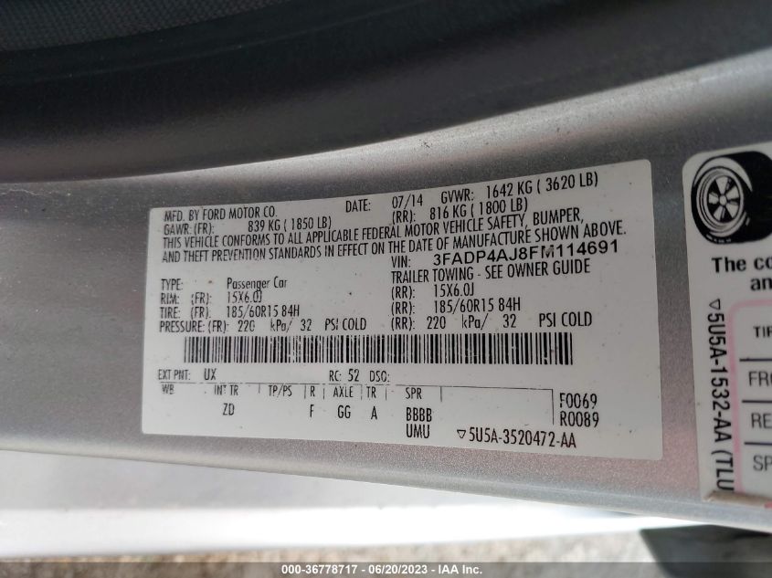 2015 FORD FIESTA S - 3FADP4AJ8FM114691