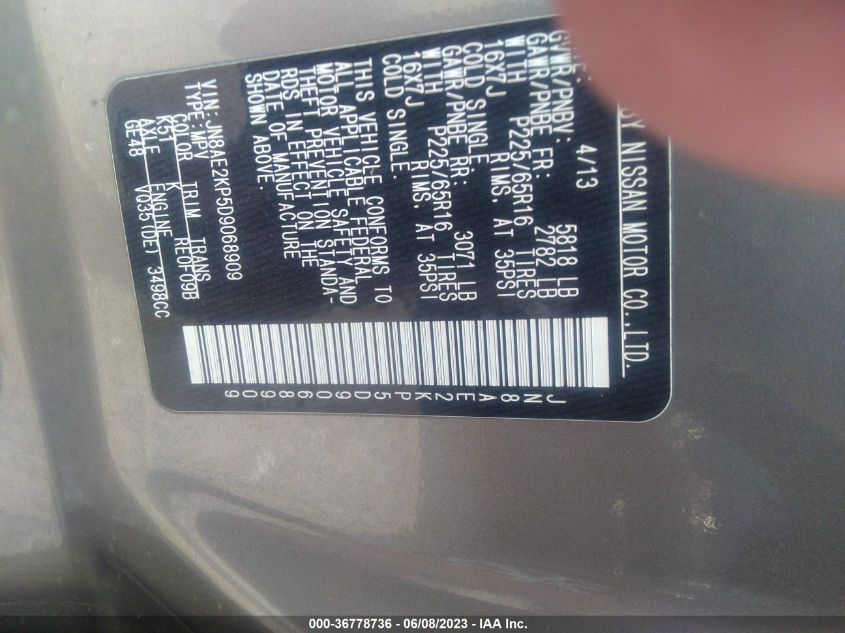 2013 NISSAN QUEST SV - JN8AE2KP5D9068909