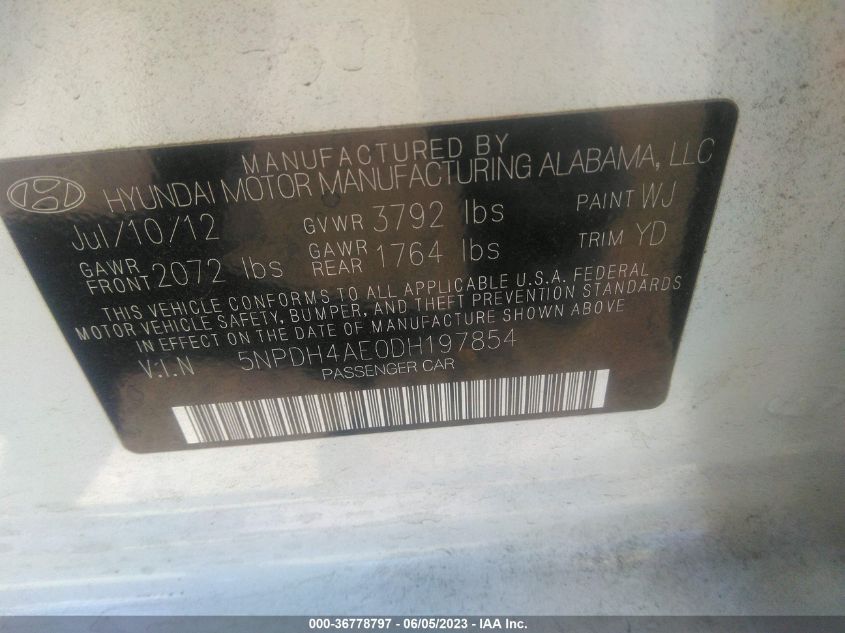 2013 HYUNDAI ELANTRA GLS - 5NPDH4AE0DH197854