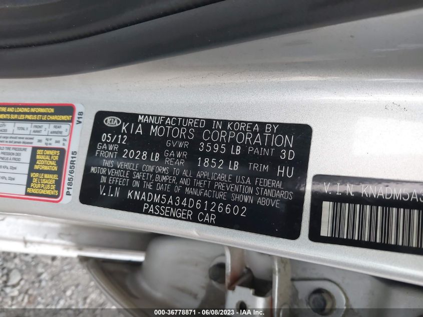 2013 KIA RIO 4D EX/SX - KNAPM5A34B6126602