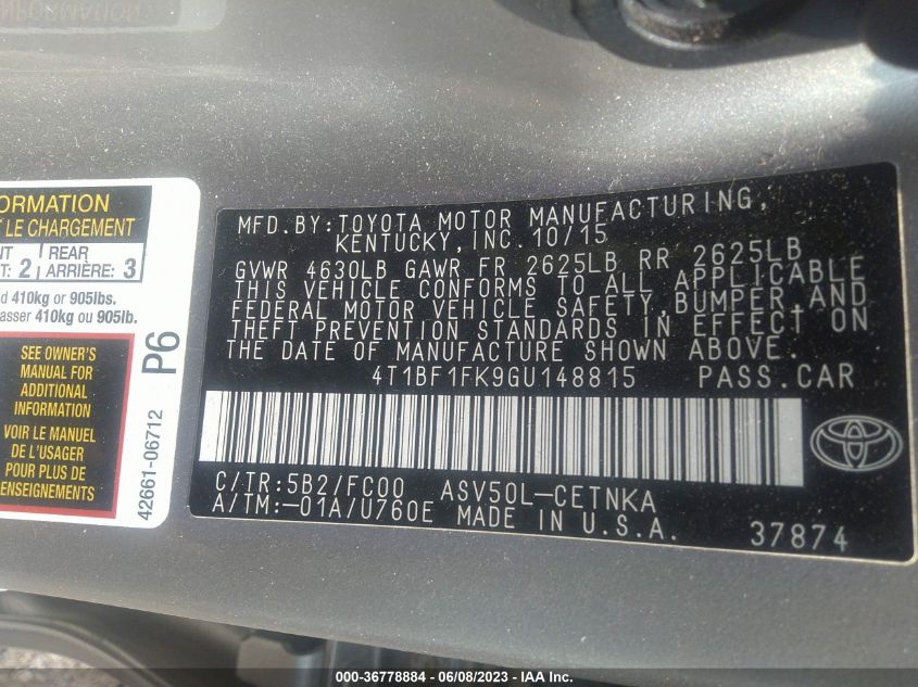 2016 TOYOTA CAMRY XLE/SE/LE/XSE - 4T1BF1FK9GU148815
