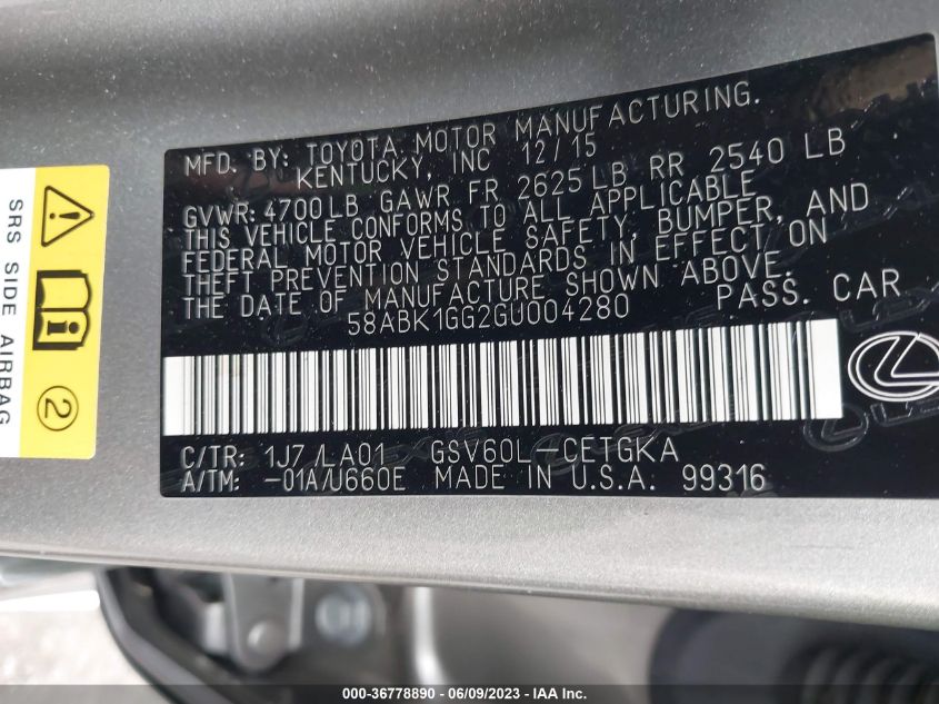 2016 LEXUS ES 350 - 58ABK1GG2GU004280