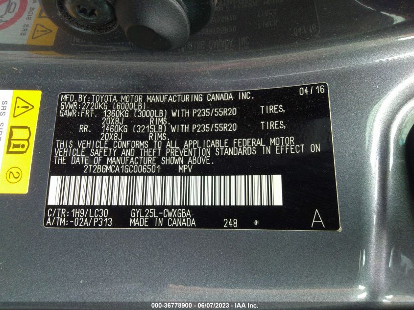 2016 LEXUS RX 450H - 2T2BGMCA1GC006501