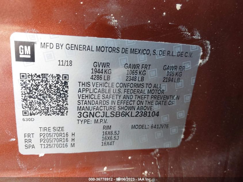 2019 CHEVROLET TRAX 1LT - 3GNCJLSB6KL238104