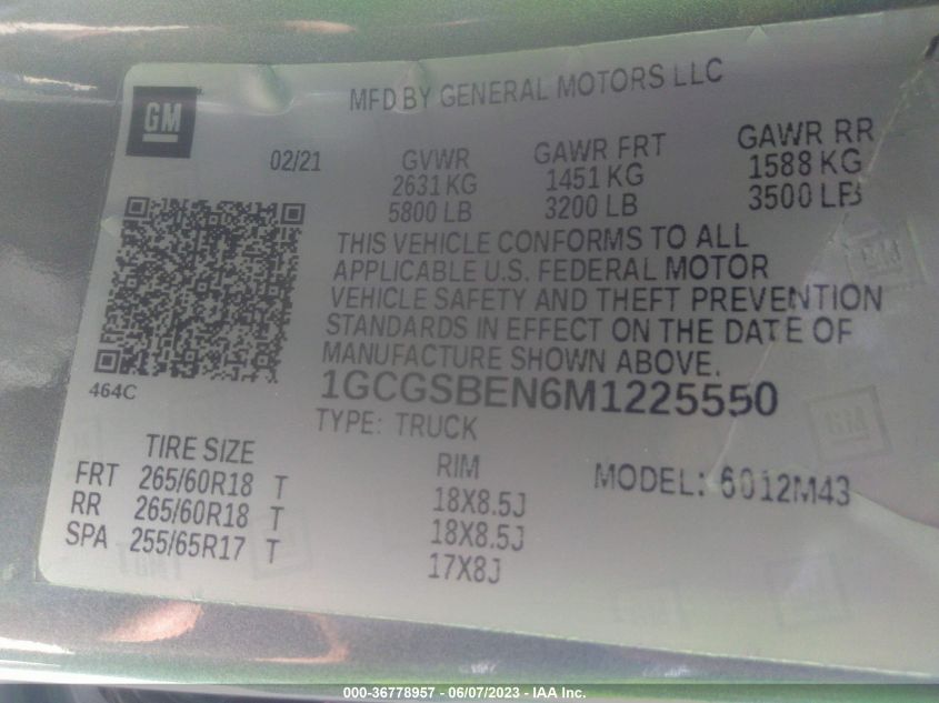 2021 CHEVROLET COLORADO 2WD WORK TRUCK - 1GCGSBEN6M1225550