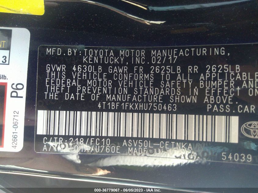 2017 TOYOTA CAMRY XLE/SE/LE/XSE - 4T1BF1FKXHU750463