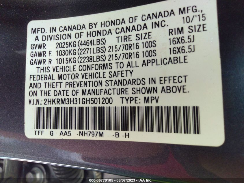 2016 HONDA CR-V LX - 2HKRM3H31GH501200