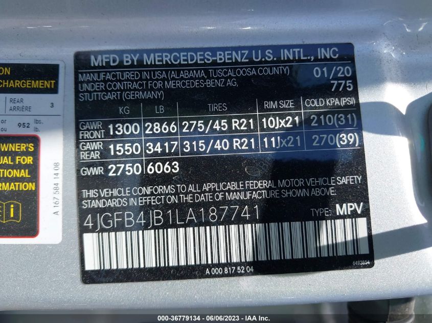 2020 MERCEDES-BENZ GLE GLE 350 - 4JGFB4JB1LA187741