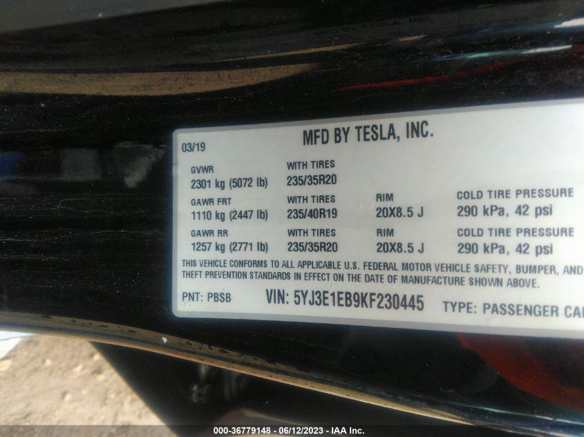 2019 TESLA MODEL 3 LONG RANGE/PERFORMANCE - 5YJ3E1EB9KF230445