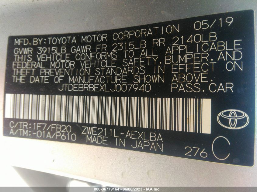 2020 TOYOTA COROLLA HYBRID LE - JTDEBRBEXLJ007940