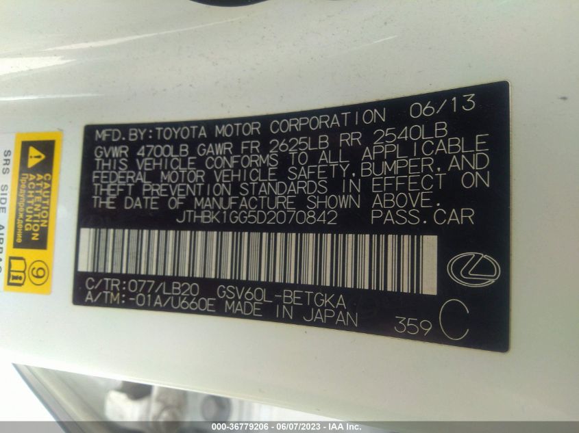 2013 LEXUS ES 350 4DR SDN - JTHBK1GG5D2070842