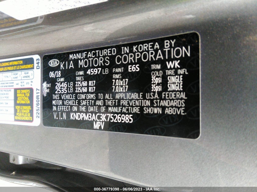VIN KNDPM3AC3K7526985 2019 KIA SPORTAGE LX