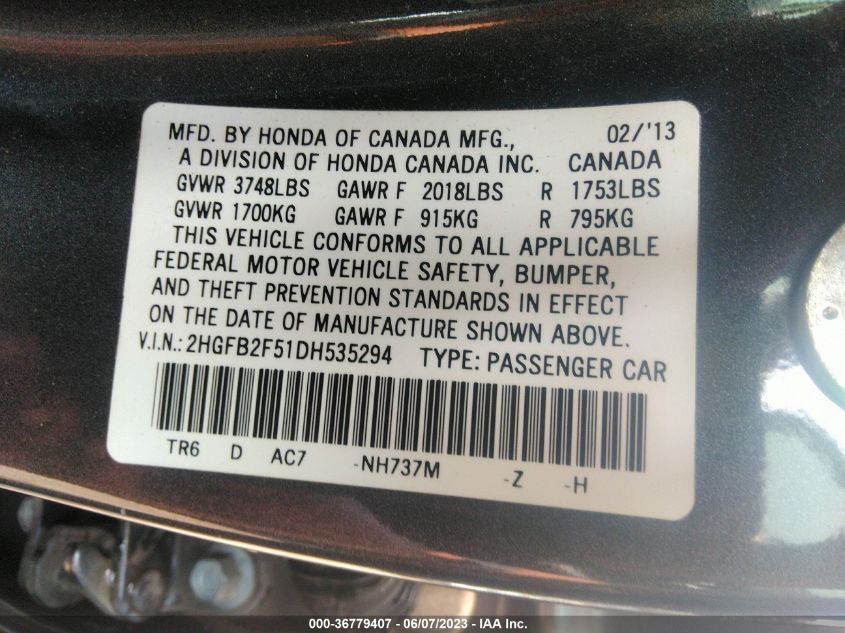 2013 HONDA CIVIC SDN LX - 2HGFB2F51DH535294