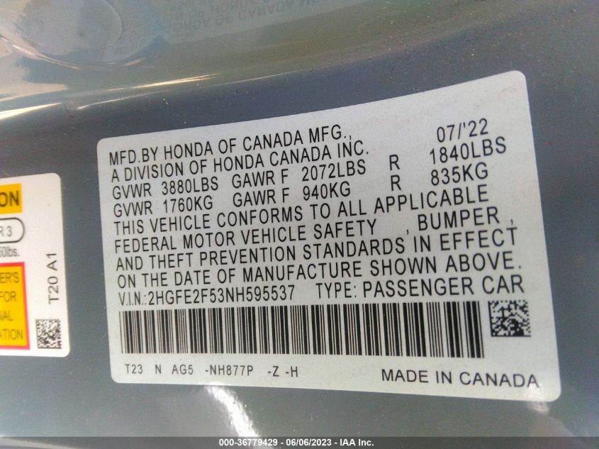 2022 HONDA CIVIC SEDAN SPORT - 2HGFE2F53NH595537