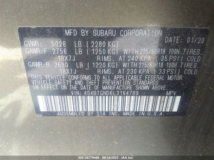2020 SUBARU OUTBACK LIMITED XT - 4S4BTGND6L3164789