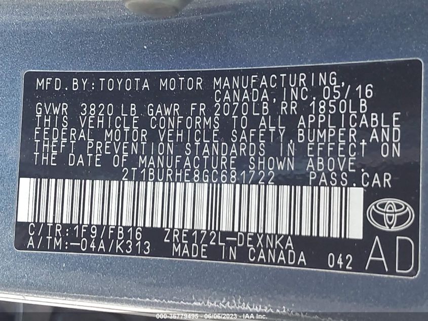 2016 TOYOTA COROLLA L/LE/S/S PLUS/LE PLUS - 2T1BURHE8GC681722