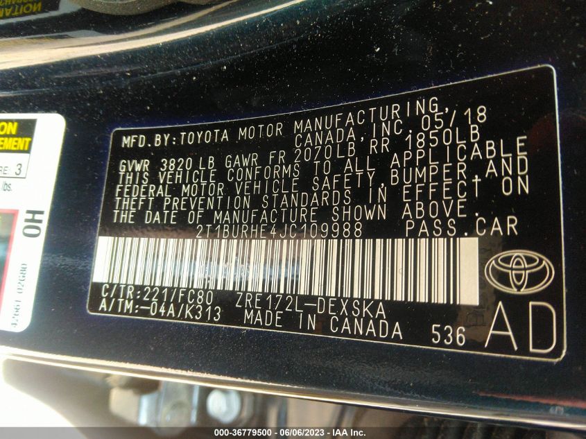 2018 TOYOTA COROLLA L/LE/XLE/SE/XSE - 2T1BURHE4JC109988
