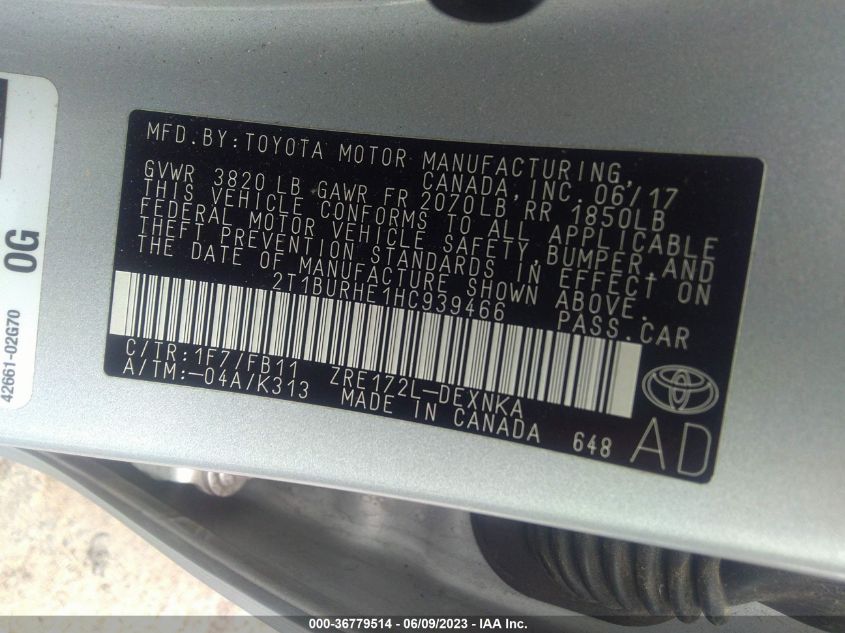 2017 TOYOTA COROLLA L/LE/XLE/SE - 2T1BURHE1HC939466