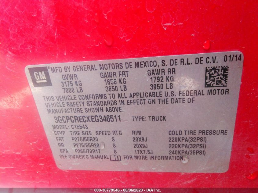 2014 CHEVROLET SILVERADO 1500 LT - 3GCPCRECXEG346511