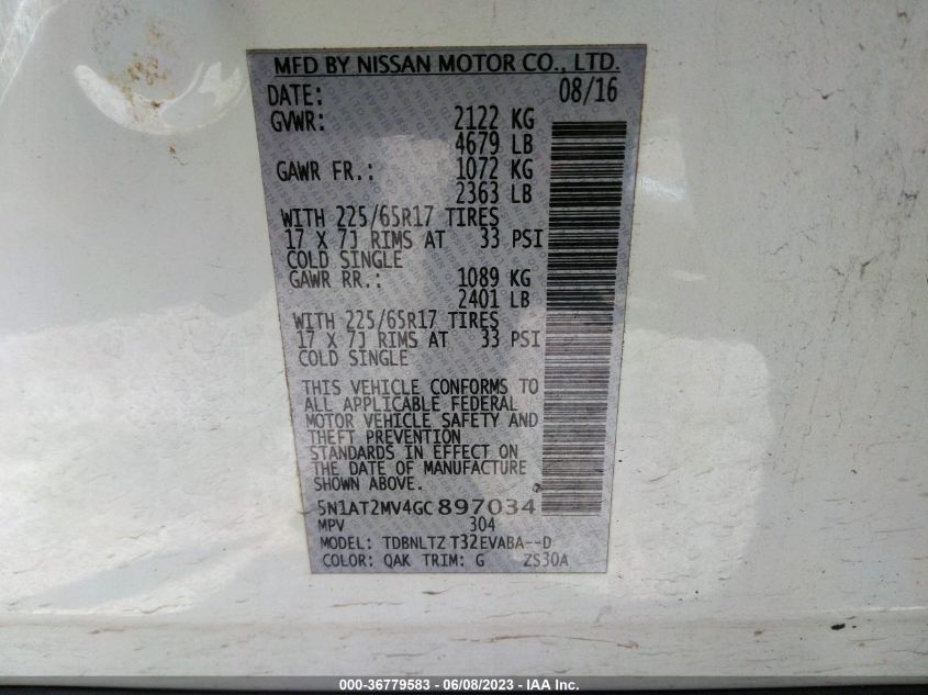 2016 NISSAN ROGUE SV - 5N1AT2MV4GC897034