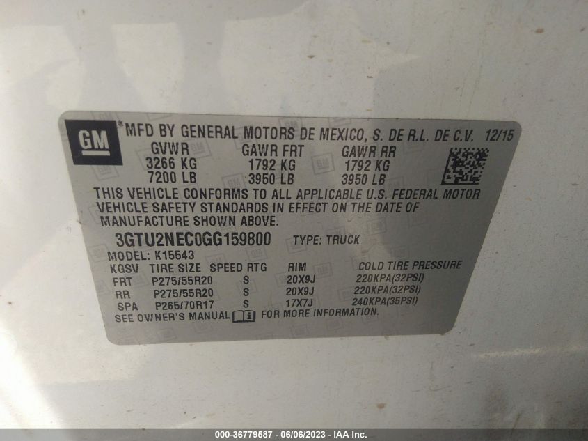 2016 GMC SIERRA 1500 SLT - 3GTU2NEC0GG159800