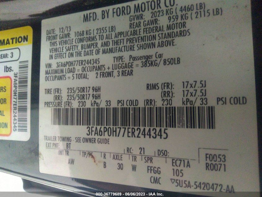 2014 FORD FUSION SE - 3FA6P0H77ER244345