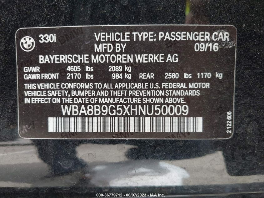 2017 BMW 3 SERIES 330I - WBA8B9G5XHNU50009