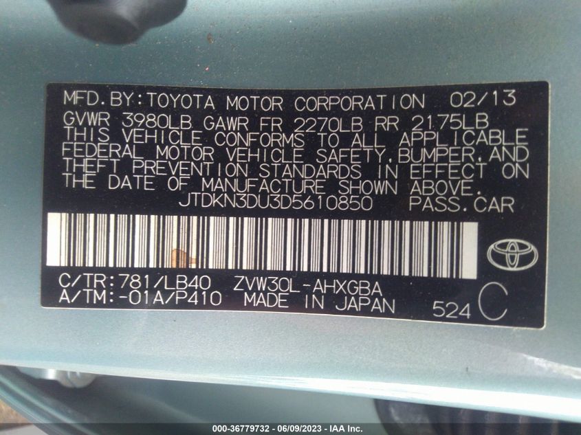 2013 TOYOTA PRIUS ONE/TWO/THREE/FOUR/FIVE - JTDKN3DU3D5610850