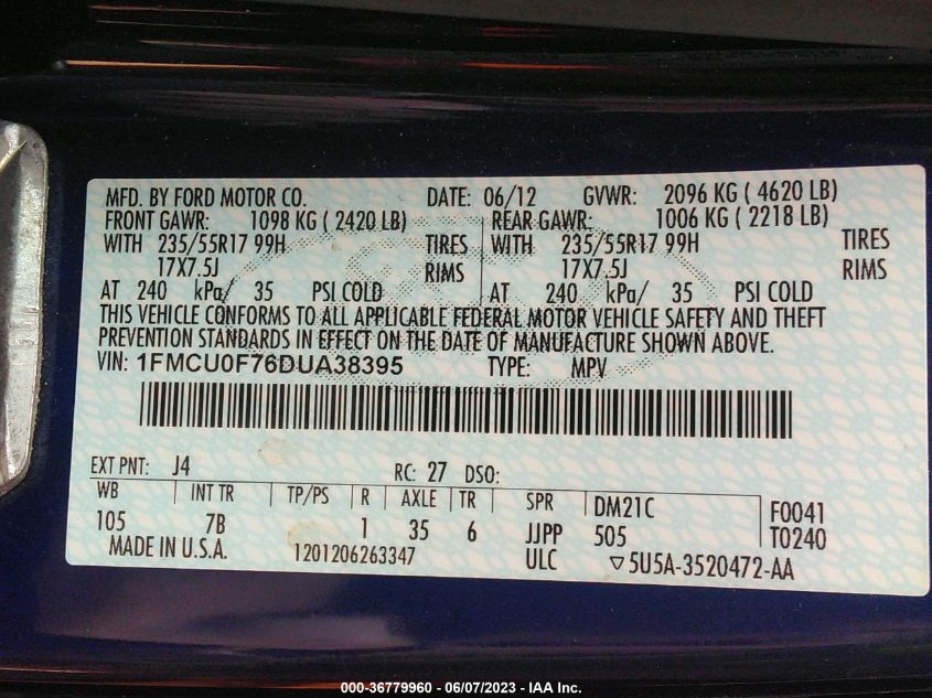 2013 FORD ESCAPE S - 1FMCU0F76DUA38395