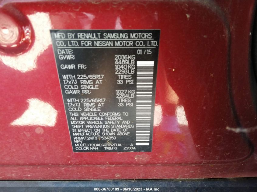 2015 NISSAN ROGUE SV - KNMAT2MT1FP534359