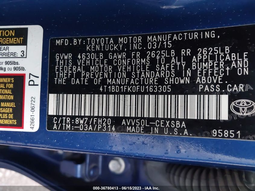 2015 TOYOTA CAMRY HYBRID LE/XLE/SE - 4T1BD1FK0FU163305
