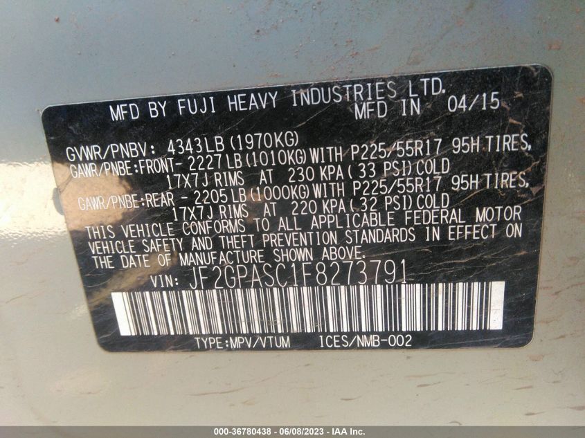 2015 SUBARU XV CROSSTREK LIMITED - JF2GPASC1F8273791