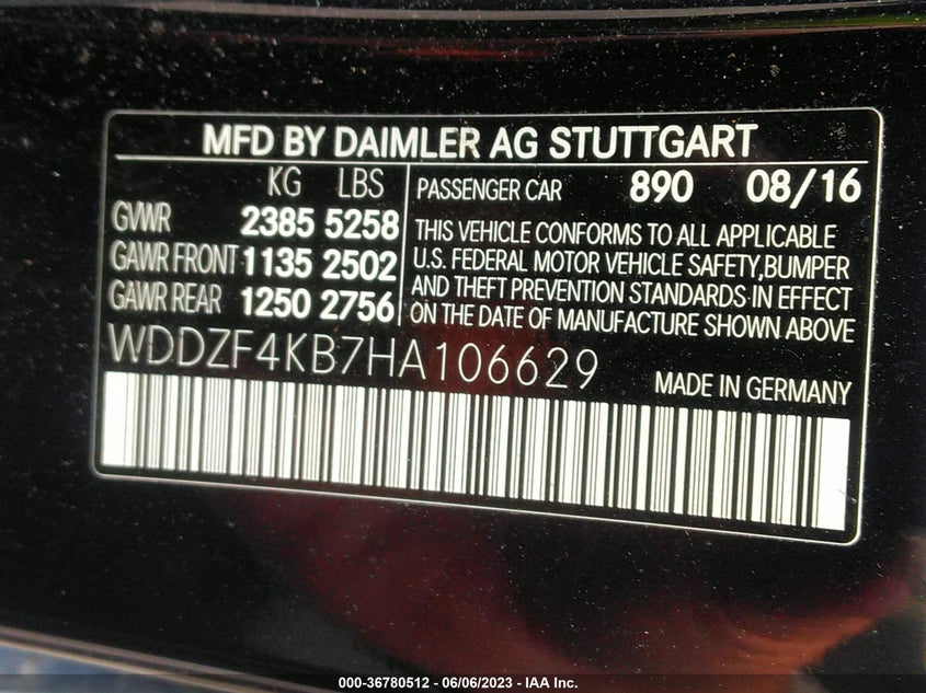 VIN WDDZF4KB7HA106629 2017 MERCEDES-BENZ E-CLASS E 300