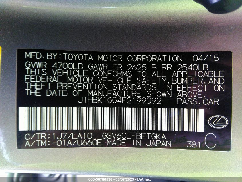 2015 LEXUS ES 350 - JTHBK1GG4F2199092