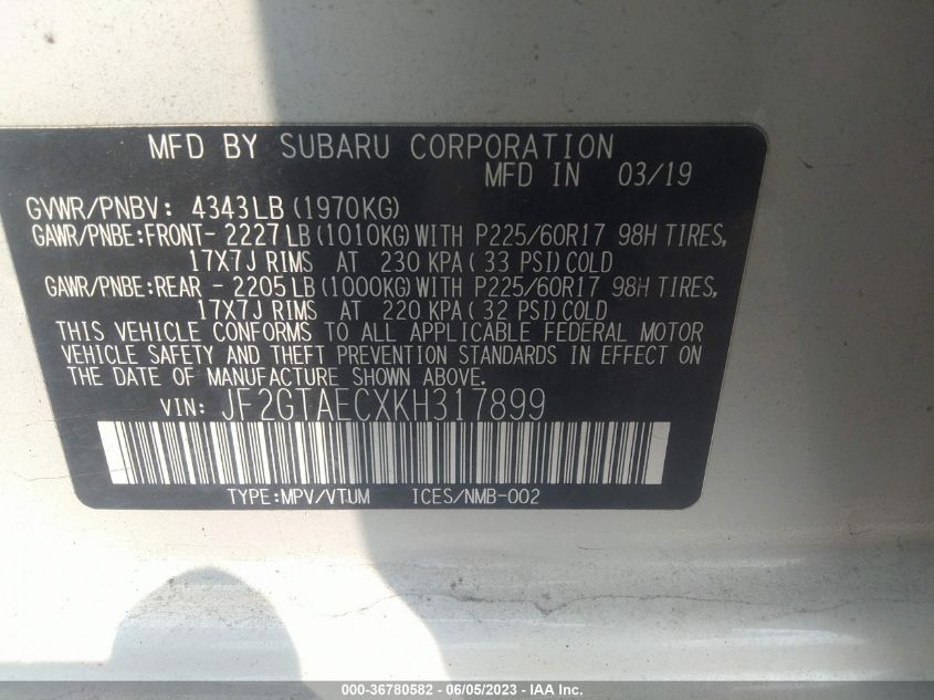2019 SUBARU CROSSTREK PREMIUM - JF2GTAECXKH317899