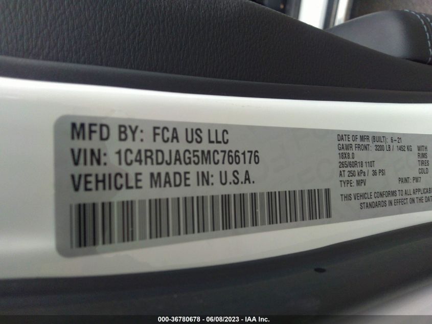 2021 DODGE DURANGO SXT - 1C4RDJAG5MC766176