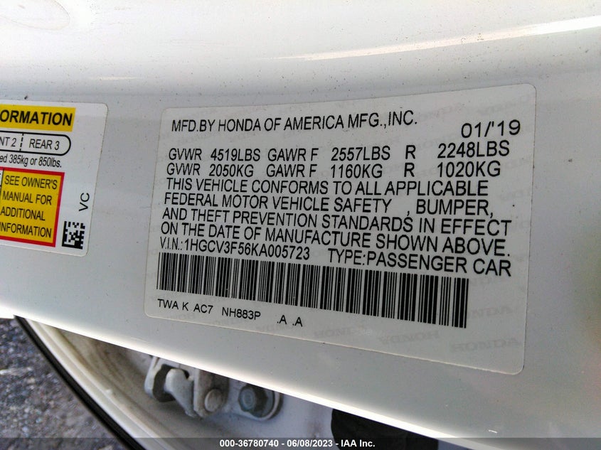 VIN 1HGCV3F56KA005723 2019 HONDA ACCORD HYBRID EX-L