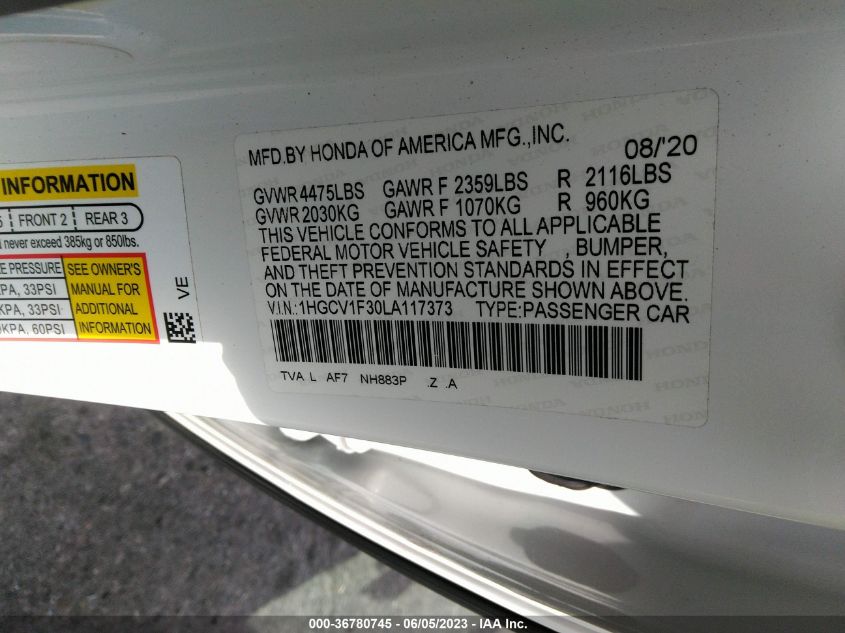 2020 HONDA ACCORD SEDAN SPORT - 1HGCV1F30LA117373