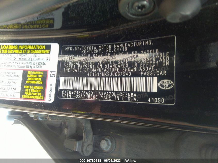 2018 TOYOTA CAMRY LE/SE/XLE/L - 4T1B11HK2JU067240