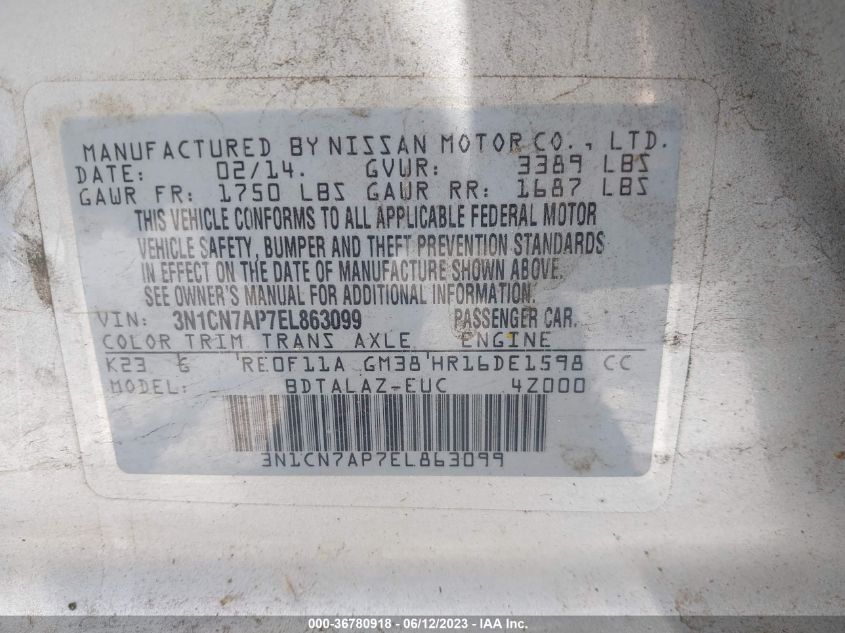 2014 NISSAN VERSA S PLUS - 3N1CN7AP7EL863099