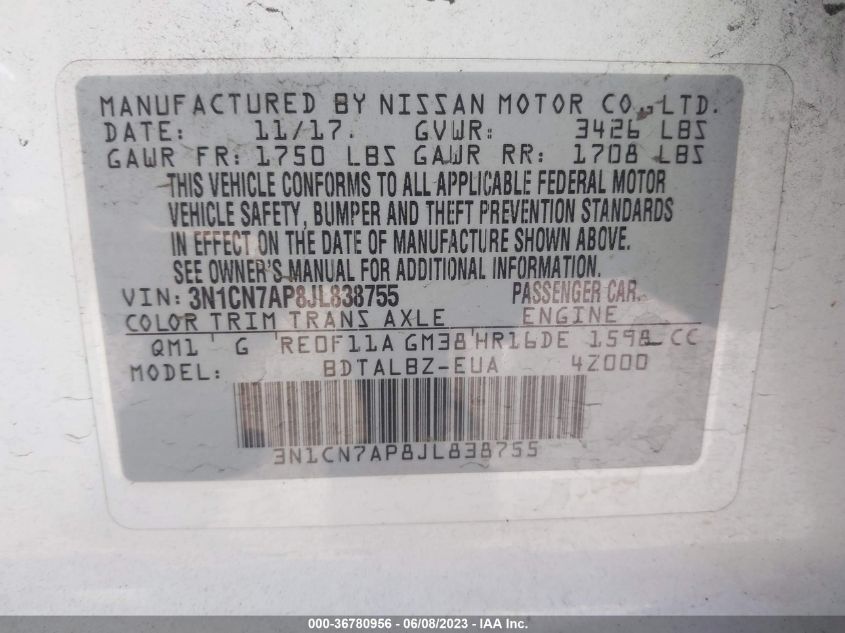 2018 NISSAN VERSA SEDAN SV - 3N1CN7AP8JL838755