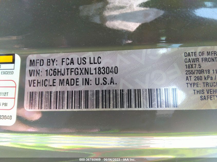 2022 JEEP GLADIATOR OVERLAND - 1C6HJTFGXNL183040