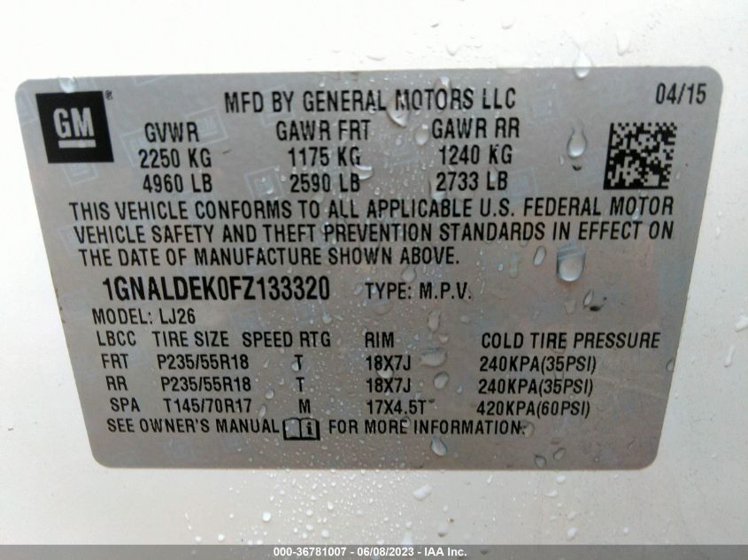 2015 CHEVROLET EQUINOX LTZ - 1GNALDEK0FZ133320
