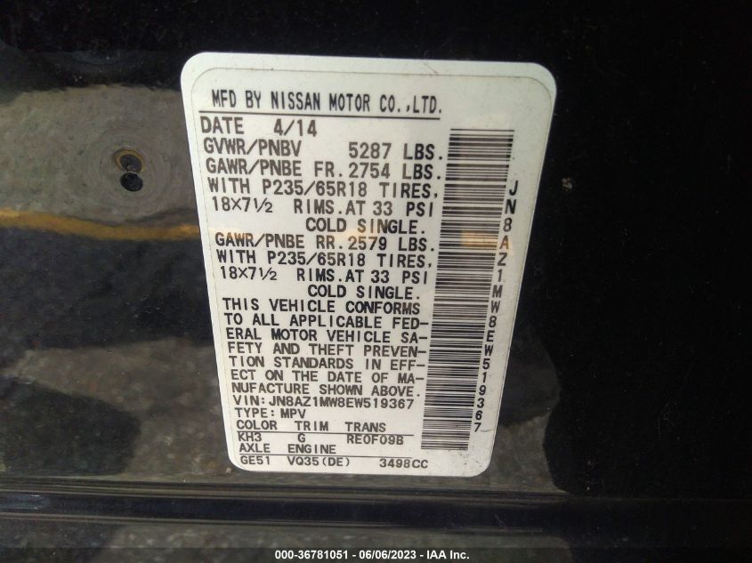 2014 NISSAN MURANO S/SL/SV/LE - JN8AZ1MW8EW519367