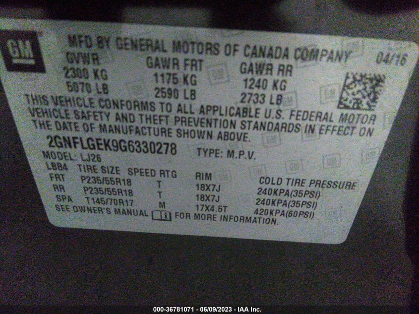 2016 CHEVROLET EQUINOX LTZ - 2GNFLGEK9G6330278
